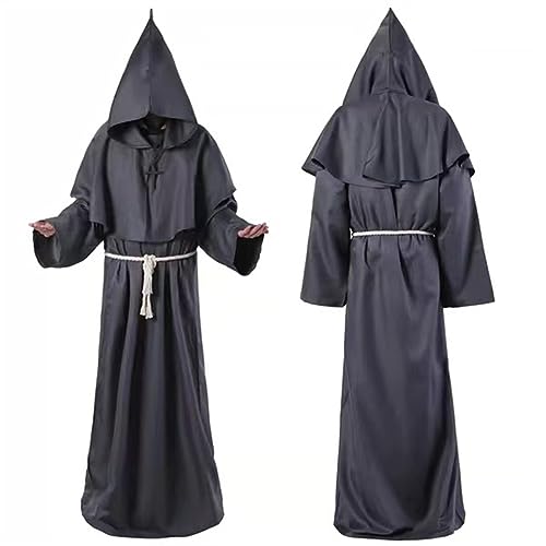 QUTBAG Medieval Hooded Monk Cloak Halloween Men's Costume Robes Monk Robe Wizard Priest Cosplay Costume Cloak (Color : Dark gray, Size : 2X-Large) von QUTBAG