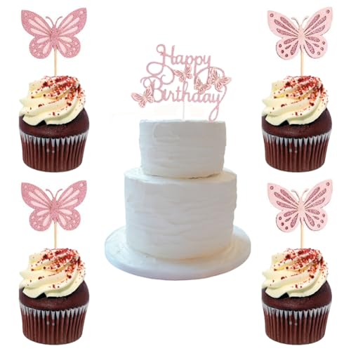 13 x Schmetterlings-Kuchenaufsätze, 3D-Schmetterling-Kuchenaufsätze, Glitzer, Schmetterlings-Thema, Kuchen, Cupcake-Topper für Geburtstagsparty, Hochzeit, Kuchendekoration (Rosa) von QUUPY