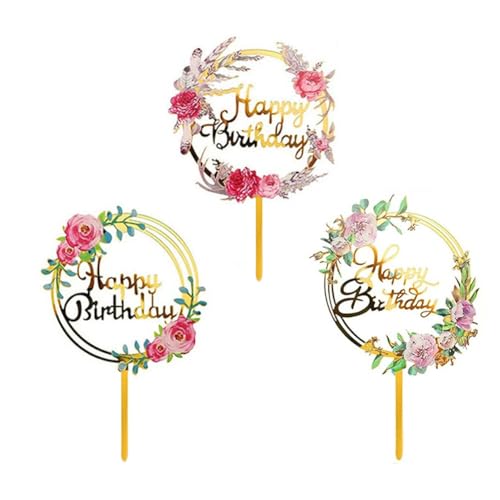 3 Stück Happy Birthday Blumen-Kuchenaufsatz, Acrylblumen, Cupcake-Topper, Geburtstagskuchendekorationen für Damen, Mädchen, Geburtstagsparty, Kuchen-Desserts 3 Stück Happy Birthday Blumen-Kuchenaufsatz, Acrylblumen, Cupcake-Topper, Geburtstagskuchendekorationen für Damen, Mädchen, Geburtstagsparty, Kuchen-Desserts von QUUPY
