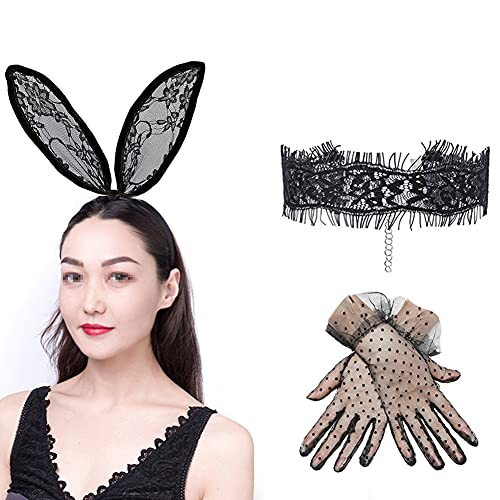 QUUPY Damen Hase Kostüm Set Kaninchenohr Stirnband Spitze Halsband Dot Handschuhe Halloween Party Tägliche Kopfbedeckung Haarschmuck von QUUPY