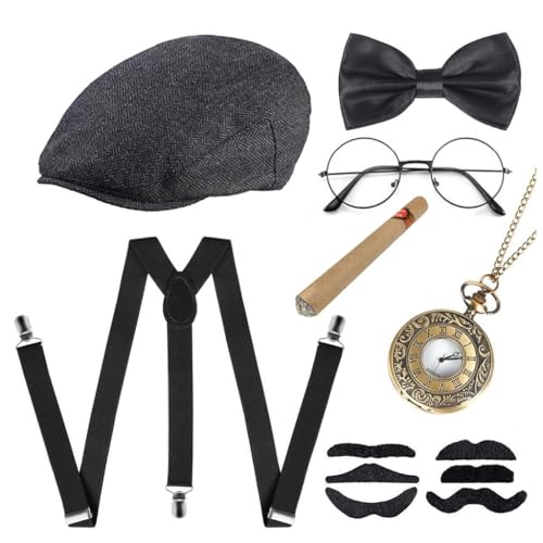 QUXV 20er Jahre Kostüm Herren Accessoires, Mafia Kostüm Herren, Party mit Gangster Panamahut Taschenuhr Hosenträger Fliege Bärte Brille, für Karneval Fasching Halloween QUXV 20er Jahre Kostüm Herren Accessoires, Mafia Kostüm Herren, Party mit Gangster Panamahut Taschenuhr Hosenträger Fliege Bärte Brille, für Karneval Fasching Halloween von QUXV