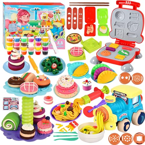QUXV Knete Set Knetwerkzeug für Kinder, 85 Stück Knete Dough Set für Kinder, Kreatives Kinderknete Nudel Maschine Burger Eiscreme Küchensets mit 24 Dosen Knete von QUXV