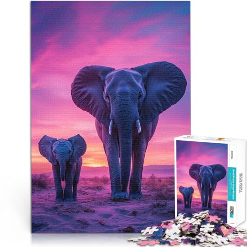 1000-teilige Puzzles für Teenager Stressabbau-Spielzeug Sonnenuntergang der Elefantenfamilie mit passendem Poster und Quizblatt50x70cm von QVKZLYFXN