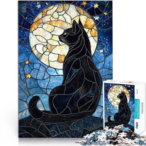 1000-teiliges Puzzle für Erwachsene Lernspiele DIY Spielzeug Schwarze Katze Buntglas Lernspiel für Geburtstag, Weihnachten38x26cm von QVKZLYFXN