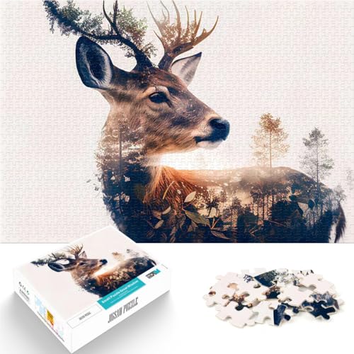 Puzzle 1000 Teile für Erwachsene Pädagogisches Spielzeug zum Stressabbau Waldkronenhirsch mit passendem Poster und Quizblatt52x38cm von QVKZLYFXN