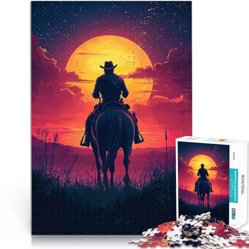 Puzzle 1000 Teile für Teenager für Lernspiel-Herausforderungsspielzeug Cowboy-Silhouette bei Sonnenuntergang für Heimdekoration38x52cm von QVKZLYFXN
