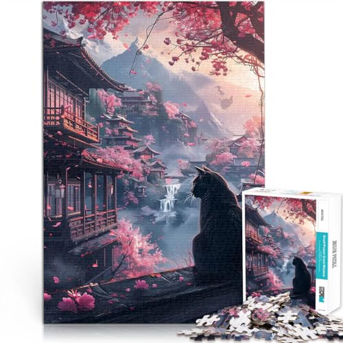 Puzzle für Erwachsene mit 1000 Teilen Herausforderndes Spiel Katze Kirschblüten Japan Lernspiel für Geburtstag, Weihnachten52x38cm von QVKZLYFXN