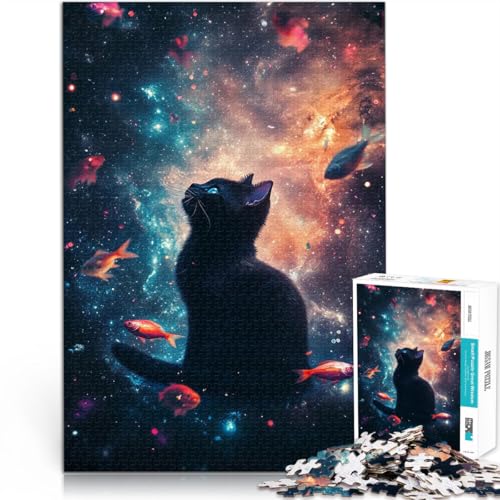 Puzzle für Erwachsene mit 1000 Teilen Lernspiele DIY Spielzeug Schwarze Katze im Weltraum Lernspiel für Geburtstag, Weihnachten38x26cm von QVKZLYFXN