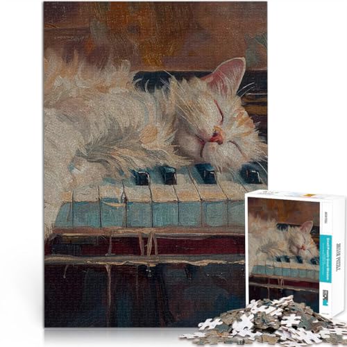 Puzzle für Jugendliche 1000 Teile Hands-on-Spiel Schlafende Katze auf Klaviertasten Lernspiel für Geburtstag, Weihnachten50x70cm von QVKZLYFXN
