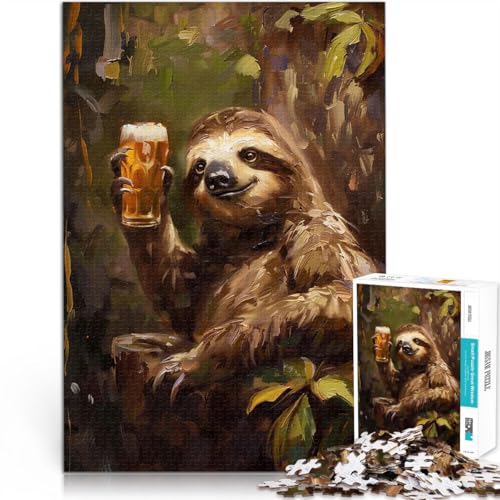 Teenager 1000-teiliges Puzzle Familienspiel zum Stressabbau, schwierige Herausforderung Bier trinkendes Faultier Heimdekoration38x26cm von QVKZLYFXN