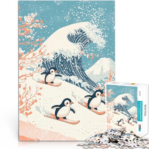 Teenager 1000-teiliges Puzzle Intellektuelles Spiel Pinguine surfen auf der großen Welle mit passendem Poster und Quizblatt38x26cm von QVKZLYFXN