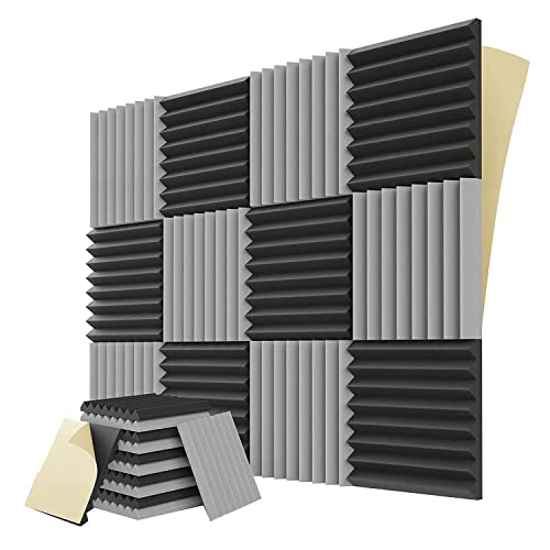 QWAMBVZE 12 Akustik-Aufkleber, schallabsorbierender Schaumstoff, 1 x 12 x 12 Zoll, für Musikstudio, Spiele, Schlafzimmer (Schwarz + Grau) von QWAMBVZE