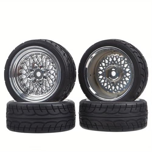 RC Auto Reifen Kompatibel Mit Traxxas Für HPI Für Tamiya Für HSP Für Wltoys 1/10 1/12 1/16 RC-Drift-Autoteilen, Gummireifen Auf Rädern, Felgen, 12-mm-Sechskantnaben(Silver) von QWHTYO