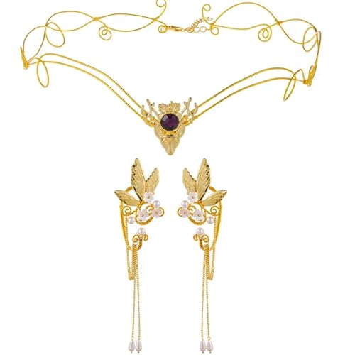 QWWQYDY Kopfschmuck Elfen Handgefertigte Elfen-Ohrmanschetten, Perlen-Ohr-Stirnband-Sets, Schmuck, Halloween, Cosplay, Kostüm, Feenohren(C1) von QWWQYDY