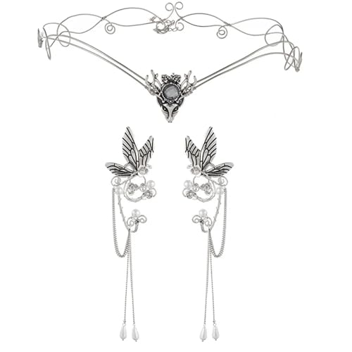 QWWQYDY Kopfschmuck Elfen Handgefertigte Elfen-Ohrmanschetten, Perlen-Ohr-Stirnband-Sets, Schmuck, Halloween, Cosplay, Kostüm, Feenohren(C2) von QWWQYDY
