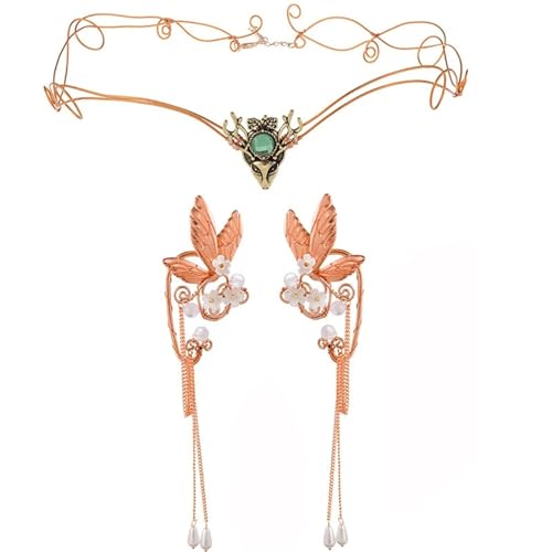 QWWQYDY Kopfschmuck Elfen Handgefertigte Elfen-Ohrmanschetten, Perlen-Ohr-Stirnband-Sets, Schmuck, Halloween, Cosplay, Kostüm, Feenohren(C3) von QWWQYDY