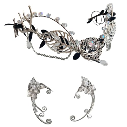 QWWQYDY Kopfschmuck Elfen Wald Splitter Fee Kopfschmuck Wald Zweig Stirnband Elf Ohr Manschetten Krone Stirnband Ohrringe Zubehör for Cosplay Dekoration(As picture-01) von QWWQYDY