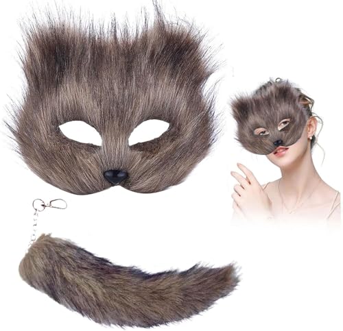 QXIRLOXWG Flauschige Katzenmaske mit Schwanz Halbgesichtsmaske für Rollenspiele Kunstpelz Fuchs Wolf Tier Kostüm Zubehör Ideal für Halloween Partys und Cosplay QXIRLOXWG Flauschige Katzenmaske mit Schwanz Halbgesichtsmaske für Rollenspiele Kunstpelz Fuchs Wolf Tier Kostüm Zubehör Ideal für Halloween Partys und Cosplay von QXIRLOXWG