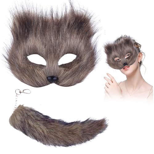 QXIRLOXWG Fluffy Cat Maske mit Schwanz Halb Gesichtsmaske für Rollenspiele Faux Fur Fox Wolf Tier Kostüm Zubehör Ideal für Halloween Partys und Cosplay QXIRLOXWG Fluffy Cat Maske mit Schwanz Halb Gesichtsmaske für Rollenspiele Faux Fur Fox Wolf Tier Kostüm Zubehör Ideal für Halloween Partys und Cosplay von QXIRLOXWG