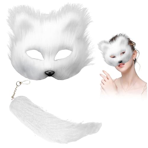 QXIRLOXWG Fluffy Cat Maske mit Schwanz Halb Gesichtsmaske für Rollenspiele Faux Fur Fox Wolf Tier Kostüm Zubehör Ideal für Halloween Partys und Cosplay QXIRLOXWG Fluffy Cat Maske mit Schwanz Halb Gesichtsmaske für Rollenspiele Faux Fur Fox Wolf Tier Kostüm Zubehör Ideal für Halloween Partys und Cosplay von QXIRLOXWG