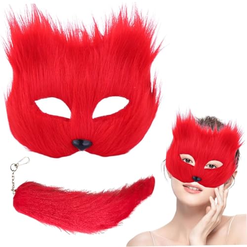 QXIRLOXWG Fluffy Cat Maske mit Schwanz Halb Gesichtsmaske für Rollenspiele Faux Fur Fox Wolf Tier Kostüm Zubehör Ideal für Halloween Partys und Cosplay QXIRLOXWG Fluffy Cat Maske mit Schwanz Halb Gesichtsmaske für Rollenspiele Faux Fur Fox Wolf Tier Kostüm Zubehör Ideal für Halloween Partys und Cosplay von QXIRLOXWG