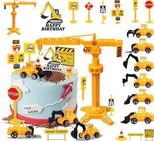 QXNDXQ 27 Stück Tortendeko Baustelle,Kuchen Deko Baustelle,Bagger Kuchen Deko,Metall Kunststoff Baustellenfahrzeuge Verkehrsschilder Kinder,Baustelle Spielzeug Kuchen Deko Junge von QXNDXQ