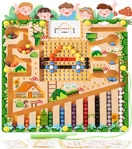 QXNDXQ Magnetisches Farb und Zahlenlabyrinth Spielzeug, 2-in-1 Montessori Magnetspiel Labyrinth ab 3 Jahre, Holz Magnetisches Puzzle-Brettspielzeug, Geschenke für ab 3 4 5 6 7 Jungen Mädchen von QXNDXQ