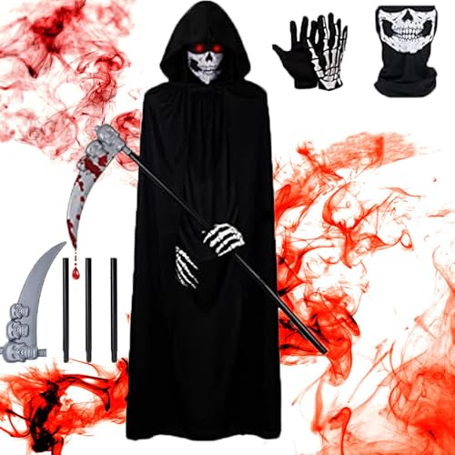 QXNDXQ Sensenmann Kostüm, HalloweenSensenmann Umhang mit Kapuze, Sense, Skelett Maske & Skelett Handschuhe, Halloween Kostüm Set für Party Dekoration,Cosplay,Karneval QXNDXQ Sensenmann Kostüm, HalloweenSensenmann Umhang mit Kapuze, Sense, Skelett Maske & Skelett Handschuhe, Halloween Kostüm Set für Party Dekoration,Cosplay,Karneval von QXNDXQ