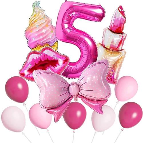 Rosa Luftballons, 50pcs Hot Pink Ballons Herz Lip Bow Lippenstift Eiscreme Nummer 5 Ballons für Mädchen Geburtstag Nummer Ballons Hot Pink Party Ballons von QY ManCang