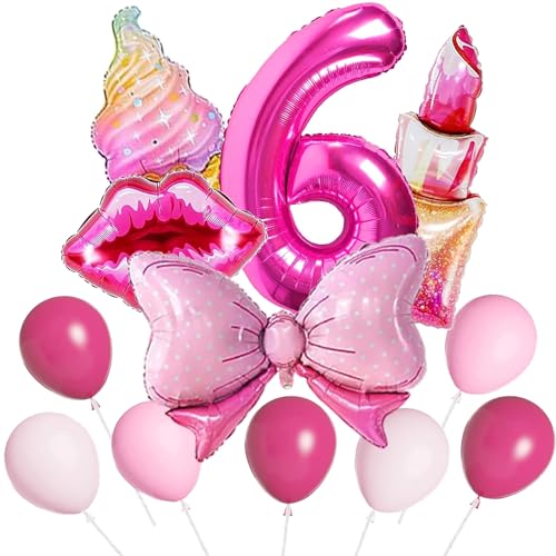 Rosa Luftballons, 50pcs Hot Pink Ballons Herz Lip Bow Lippenstift Eiscreme Nummer 6 Ballons für Mädchen Geburtstag Nummer Ballons Hot Pink Party Ballons von QY ManCang