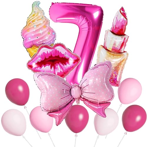 Pinke Luftballons, 50 Stück Pinke Luftballons Herz-Lippen-Schleife-Lippenstift-Eis Nummer 7 Luftballons für Mädchengeburtstag Nummer Ballons Hot Pink Party Ballons von QY ManCang