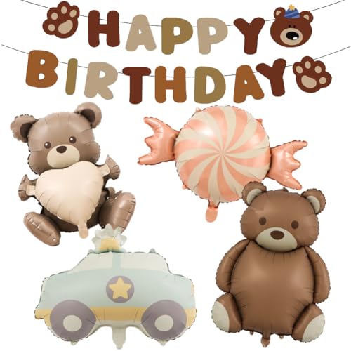 Bär Folienballon Set,Bär Geburtstag Deko,XXL Bär Happy Birthday Ballon,5PCS Bär Folienballon Geburtstag,Bären Luftballon Tiere Ballons Dschungel Deko,Bär Balloon für party Deko,Polizei Süßigkeiten von QYEHF