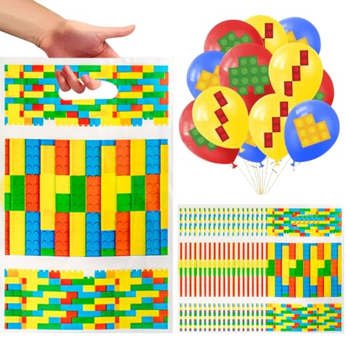 Baustein Party Dekoration,42PCS Baustein Thema Party Deko Set, Luftballons Geschenktüte für DIY Blöcken Themen Geschenk für Kindergeburtstag von QYEHF