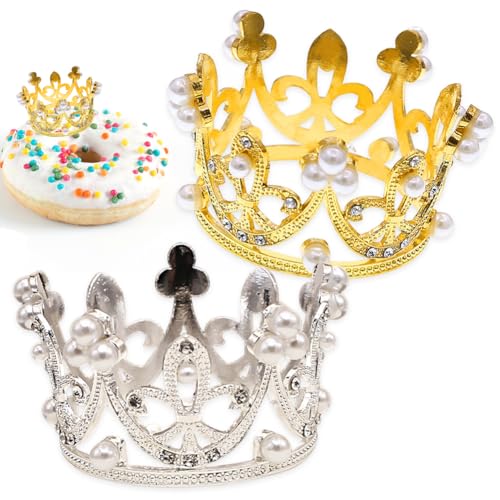 Mini Krone Kuchen Topper,2PCS Krone Cake Topper, Prinzessin Krone Cake Topper Kuchendekoration Perle goldene Krone für Mädchen Geburtstag Braut Hochzeit Mini Kronen Cupcake Topper von QYEHF