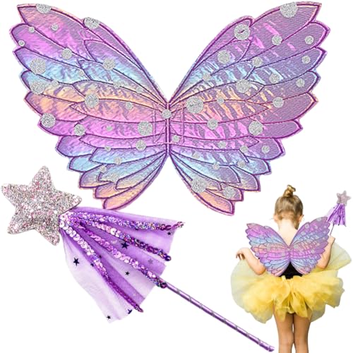 QYEHF Schmetterling Flügel Kostüm für Kinder,Feenflügel Kinder, Schmetterlings Flügel, Lila Schmetterlings Elfen Fee Anzieh Sets,Feenstäbe, Maskerade-Party-Requisiten von QYEHF
