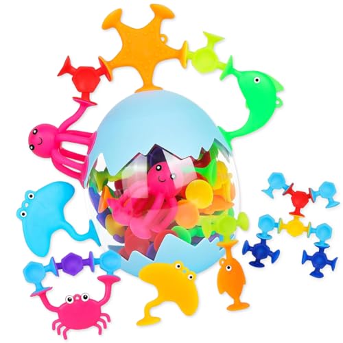 Weiche Bausteine aus saugfähigem Silikon,28PCS Saugnapf Spielzeug,Badespielzeug ab 3 Jahre mit Dinosaurier-Ei-Speicherung, Kinder Stressabbau Geschenk für 4 5 6 Jahre Junge und Mädchen von QYEHF