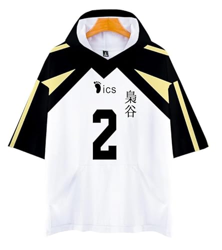 QYIFIRST Anime Fukurodani High School Volleyball Club Tatsuki Washio No.2 T-Shirt Kurzarm Bluse Kapuzen T-Shirt Top Cosplay Kostüm Schwarz S (Chest 108cm) von QYIFIRST