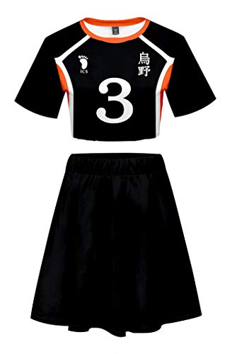 QYIFIRST Anime Karasuno High School Azumane Asahi Volleyball Club Jersey Bare Midriff Nr.3 T-Shirt Rock Set Cosplay Kostüm Schwarz Damen XXL von QYIFIRST