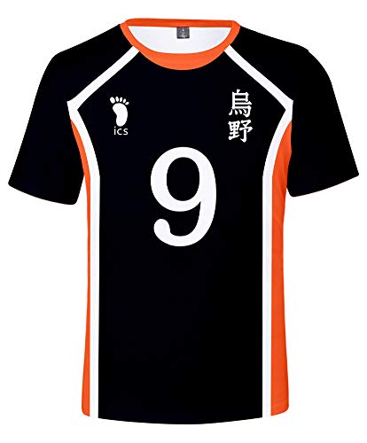 QYIFIRST Anime Karasuno High School Kageyama Tobio NO.9 Tee Shirt 3D Kurzarm T-Shirt Top Bluse Cosplay Kostüm Schwarz S (Chest 94cm) von QYIFIRST