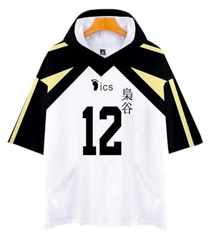 QYIFIRST Anime Kurzarm Bluse Fukurodani High School Volleyball Club Wataru Onaga No.12 Kapuzen T-Shirt Hemd Top Hooded T-shirt Cosplay Kostüm Schwarz L (Chest 120cm) von QYIFIRST