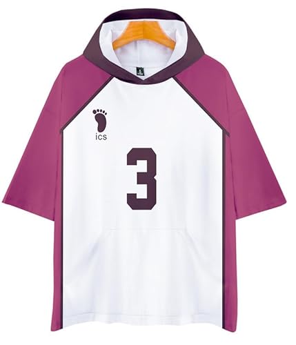 QYIFIRST Anime Kurzarm Bluse Kapuzen T-Shirt Hemd Top Hooded T-shirt Shiratorizawa Volleyball Club Eita Semi No.3 Cosplay Kostüm Schwarz 4XL (Chest 144cm) von QYIFIRST