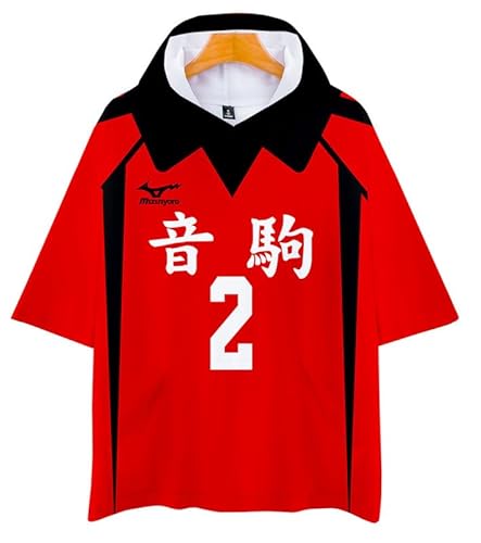 QYIFIRST Anime Kurzarm Bluse Volleyball Club Nobuyuki No.2 Kapuzen T-Shirt Hemd Top Hooded T-shirt Cosplay Kostüm Schwarz L (Chest 120cm) von QYIFIRST
