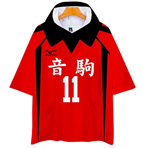 QYIFIRST Anime Nekoma High School Lev Haiba NO.11 3D Kurzarm Kapuzen T-Shirt Sweatshirt Top Bluse Hoodie Cosplay Kostüm Rot M (Chest 114cm) von QYIFIRST