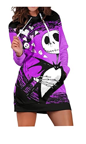 QYIFIRST Anime Pullover mit Kapuze Kapuzenkleid Nightmare Christmas Skellington Skeleton Pumpkin Streetwear Longsleeve Tops Casual Cosplay Kostüm Damen Lila XXL (Chest 120cm) von QYIFIRST