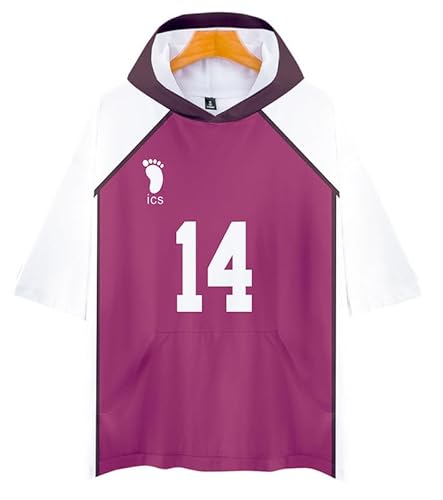 QYIFIRST Anime Shiratorizawa Volleyball Club Hayato Yamagata No.14 short sleeved Shirt mit Kapuze Bluse Tee Cosplay Kostüm Schwarz M (Chest 114cm) von QYIFIRST