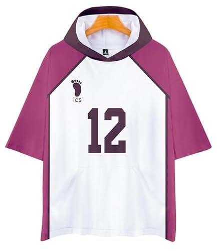 QYIFIRST Anime Shiratorizawa Volleyball Club Kawanishi No.12 Kurzarm T-Shirt mit Kapuze Bluse Top Cosplay Kostüm Schwarz XL (Chest 126cm) von QYIFIRST