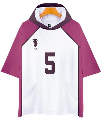 QYIFIRST Anime Shiratorizawa Volleyball Club Tendou No.5 short sleeved Shirt mit Kapuze Bluse Tee Cosplay Kostüm Schwarz M (Chest 114cm) von QYIFIRST
