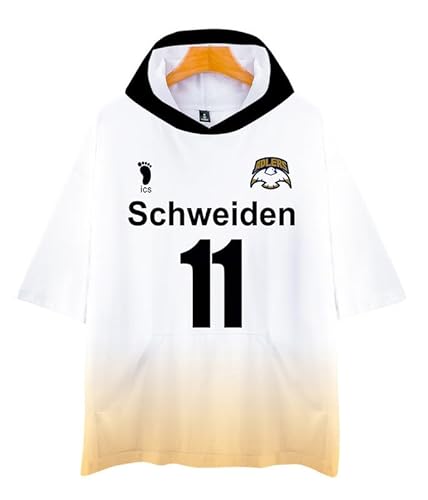 QYIFIRST Anime T-Shirt Kurzarm Bluse Schweiden Adlers Volleyball Club Wakatoshi Ushijima No.11 Kapuzen T-Shirt Top Cosplay Kostüm mehrfarbig XXL (Chest 132cm) von QYIFIRST