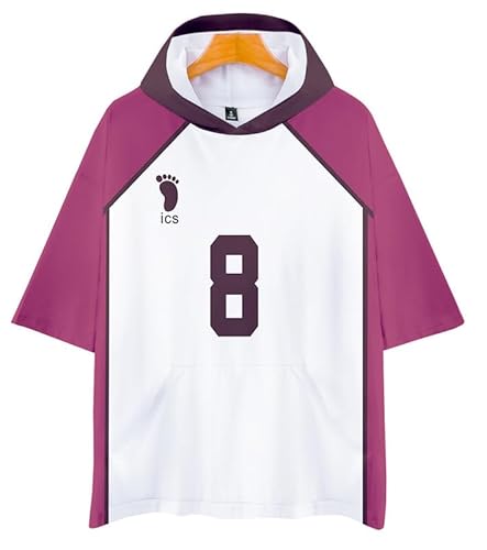 QYIFIRST Anime T-Shirt Kurzarm Bluse Shiratorizawa Volleyball Club Tsutomu Goshiki No.8 Kapuzen T-Shirt Top Cosplay Kostüm Schwarz XXL (Chest 132cm) von QYIFIRST