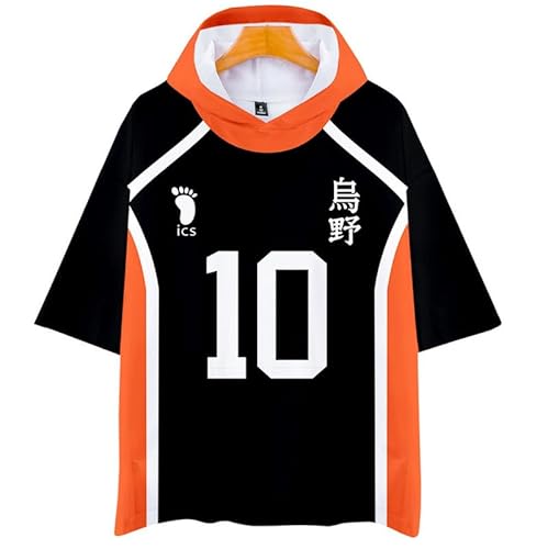 QYIFIRST Anime Volleyball Club Hinata Shouyou No.10 Kurzarm Bluse Kapuzen T-Shirt Hemd Top Hooded T-shirt Cosplay Kostüm Schwarz XXS (Chest 96cm) von QYIFIRST